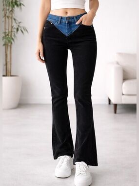 V009. NEW PTCL Two-Tone High-Waist black  High-Waist Flare Jeans Corduroy